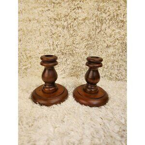 Vintage Wooden Candle Holders Pair Handcrafted With Rich Brown Finish